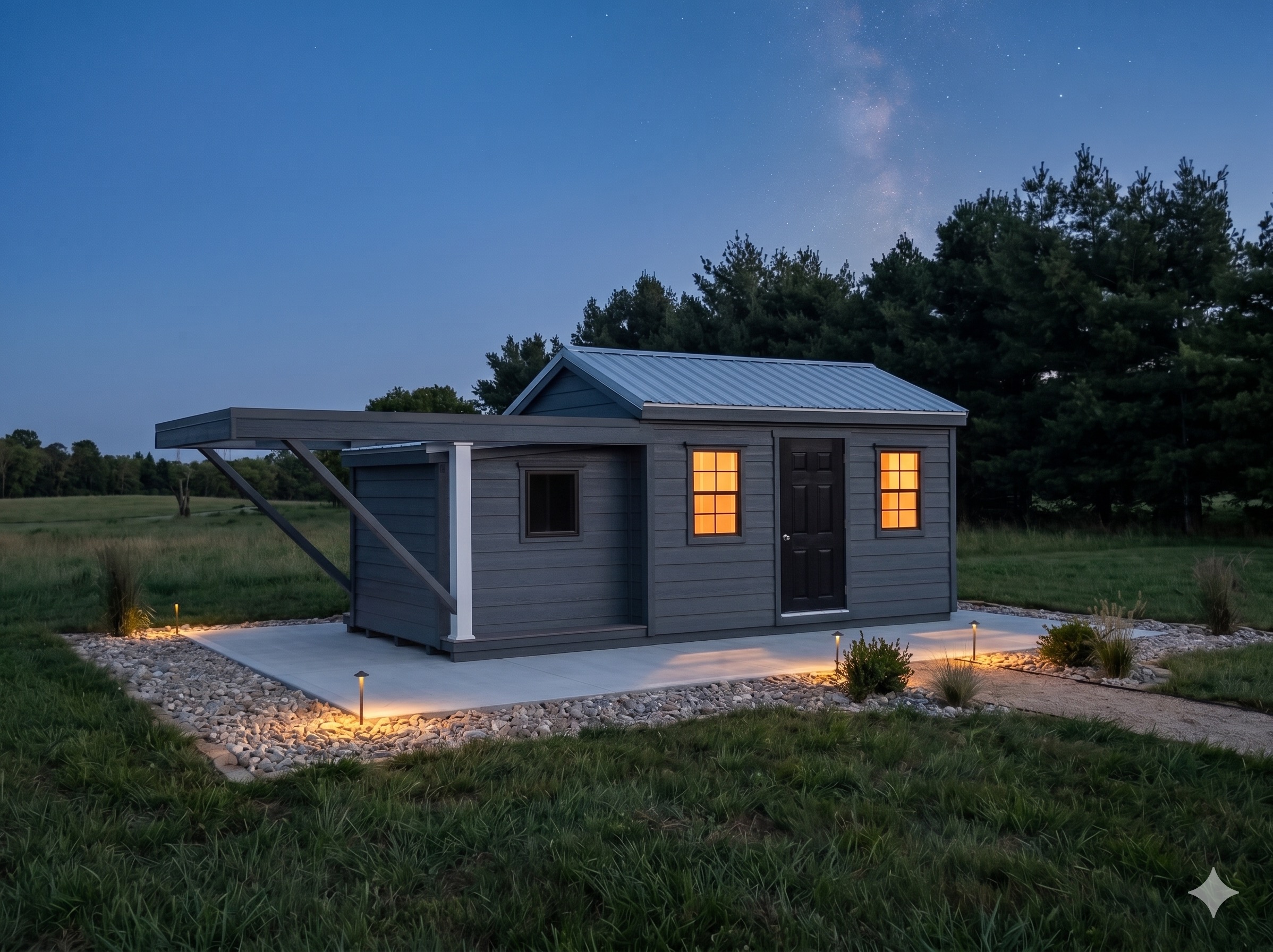 Backyard SkyShed observatory at night with Milky Way